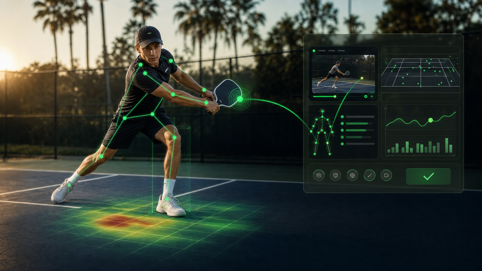 Realistic court action with BoxScore AI pose tracking, ball path, heat zone, and coach-review dashboard overlay.
